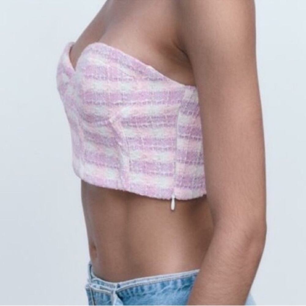 ZARA pink purple & white Tweed Crop Top Bustier M NWT - Picture 10 of 12